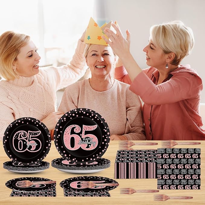 96 Pcs 65th Birthday Plates and Napkins Party Supplies Happy 65th Birthday Decorations Rose Gold and Black 65 Years Old Tableware Set for Women Men Party Favors for 24 Guests