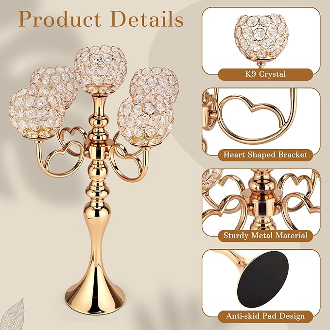 Nuenen 1 Pack 5 Arm Crystal Candelabra Centerpieces 21.5 Inch Tall Candle Holder Bowl Elegant Centerpieces for Table for Home Wedding Anniversary Dinner Party Table Decoration (Gold)