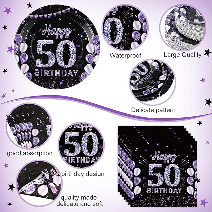 Pickmesh 400 Pcs 50th Birthday Party Supplies Purple Black Happy 50th Birthday Decorations Include Disposable Paper Plates Napkins Cups Cutlery for Men Women Party Decorations Serve 50