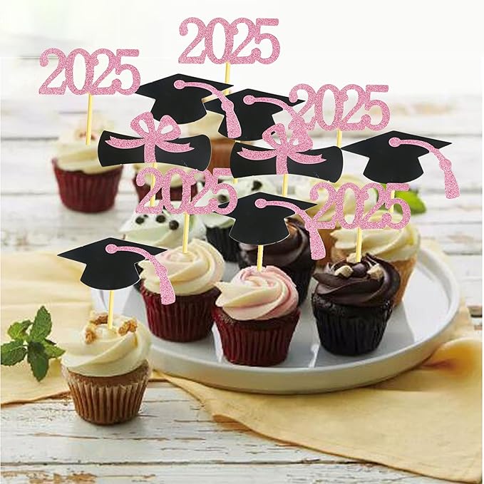 2025 Graduation Cupcake Toppers, 48 PCS Food/Appetizer Picks For Graduation Party Mini Cake Decorations, Diploma, 2025, Grad Cap Set 48 Pieces (06 Pink)