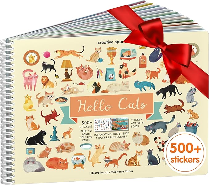 Cupkin Hello Cats Sticker Book Activity for Kids, Toddler Airplane Travel Essentials, 500+ Stickers for Kids 12 Scenes + Coloring Book Pages, Cat Gift Girls and Boys, Children's Crafts Ages 2-8