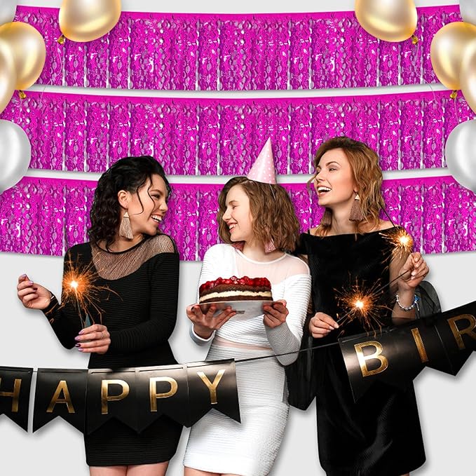 6 Pack 10 Feet Rose Red Wave Foil Fringe Garland Metallic Tinsel Streamers Banner Wall Hanging Curtain Backdrop for Parade Floats, Mother's Day, Easter, Bachelorette, Wedding Party Decoration