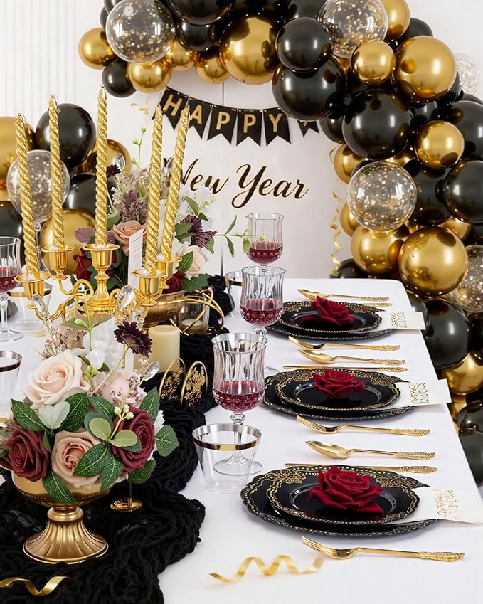 Ciaell 175 PCS Black and Gold Plastic Plates - Black Disposable Dinnerware Set with 50 Plates, 25 Knives, 25 Forks, 25 Spoons, 25 Cups, 25 Napkins for New Year’s Day, Parties and Weddings