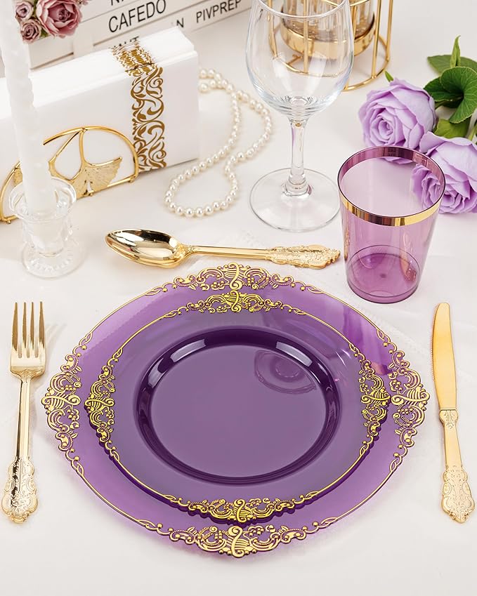 Nervure 175PCS Clear Purple Plastic Plates - Purple Party Plates Set for 25 Guests Include 25Dinner Plate, 25Dessert Plate, 25Cups, 75 Cutlery, 25Napkins Perfect for Wedding & Party & New Year