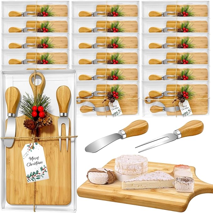 18 Set Christmas Gifts Bridal Shower Favor Bamboo Wooden Square Cheese Board Gift Set Cheese Knives Mini Cutting Board Bulk Set Tags and Boxes Christmas Party Birthday