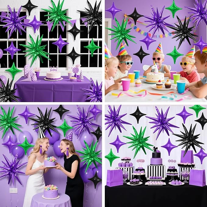 Black Purple Green Star Balloon,6Pcs 22Inch Explosion Star Balloons and 10Pcs 10Inch Four Angle Balloons Kit for Halloween Birthday Anniversary Baby Shower Wedding Party Decorations