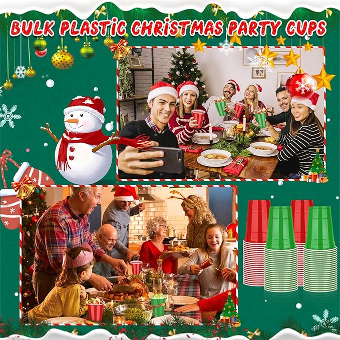 KesaPlan 100 PCS 16 OZ Plastic Cups, Christmas Party Cups Red and Green Cups Disposable Cups Bulk for Party Graduation Thanksgiving Wedding Birthday Halloween Family Gatherings Festive Celebrations