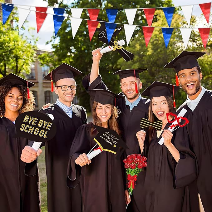 32.8FT White Blue Red Glitter Triangle Pennant Banner Flag Metallic Bunting Fabric Garland for Christmas Graduation, Independence Day, 4th of july, Patriotic Themed Party Decoration