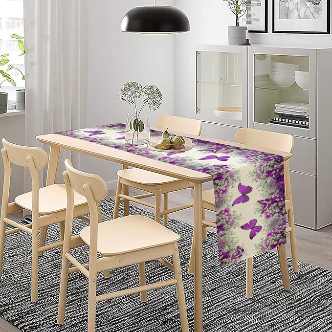 Floral Butterfly Spring Table Runner, Purple Flowers Seasonal Kitchen Dining Table Decoration for Home Party Decor 13x60 Inch