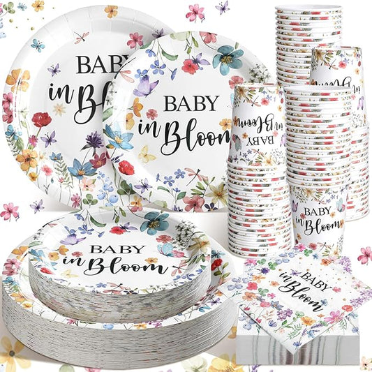 Hsei 250 Pcs Baby in Bloom Baby Shower Decorations Wildflower Plates and Napkins Set Spring Floral Party Tableware Set for 50 Guests Floral Disposable Plates Napkins Cups for Birthday Party Supplies