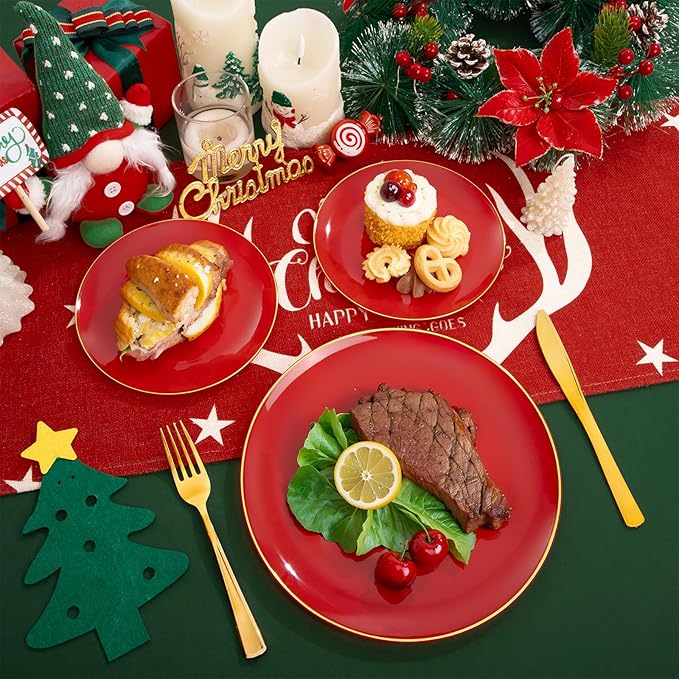 WDF 300Pcs Red Disposable Plates - Christmas Plates - 50guest Disposable Dinnerware Include 50 Dinner Plate, 50 Dessert Plate, 150 Cutlery & 50 9oz Cups for Christmas & Parties