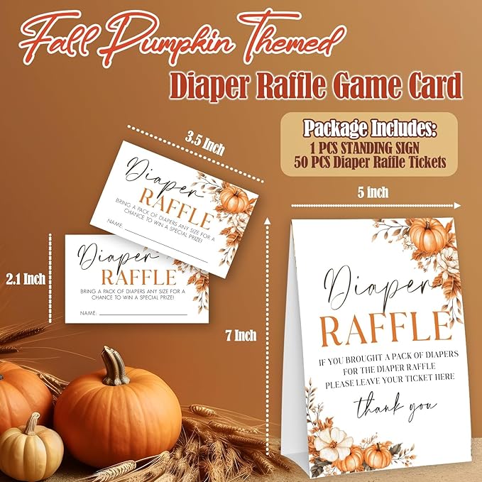 Autumn Pumpkin Diaper Raffle Tickets and Sign, Thanksgiving Baby Shower Card Set (1 Sign and 50 Cards), Fall Gender Reveal Party Favor Supplies -A04