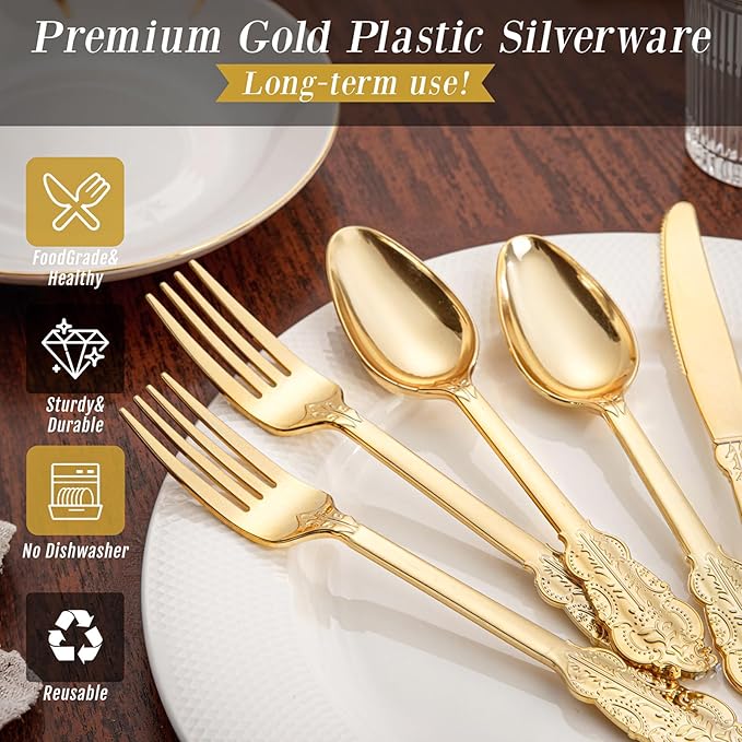 WDF 300 Pieces Gold Plastic Silverware Disposable - Heavy Duty Thanksgiving Plastic Cutlery - Gold Silverware Sets Includes 100 Forks, 100 Spoons, 100 Knives