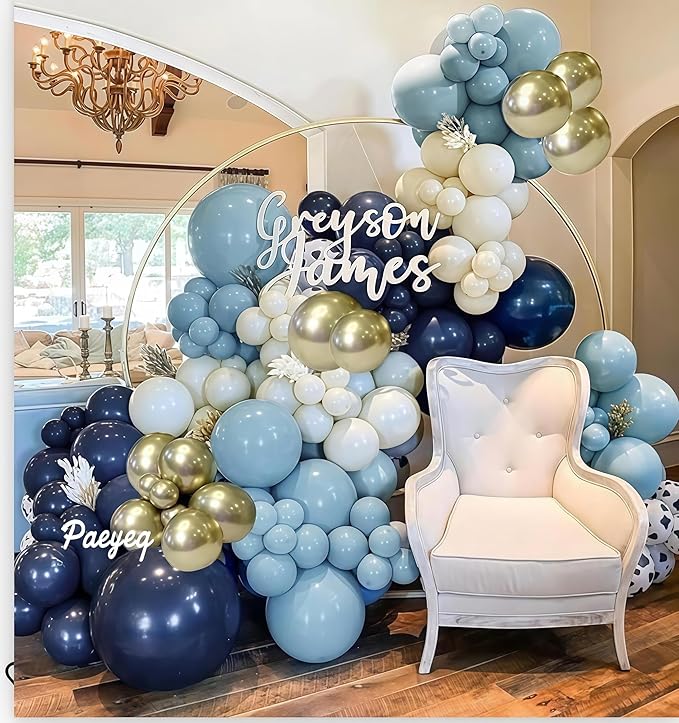 Navy Blue Balloon Arch Kit, Dusty Light Blue Gold Balloon Garland White Sand Cream Metallic Gold Balloons for Wedding Bridal Baby Shower Gender Reveal Graduation Birthday Party Decorations Supplies