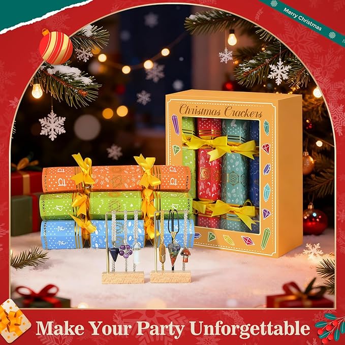 MOVINPE 8 Pack Christmas No Snap Party Table Favors, 10” Christmas Table Decorations with Gemstone Necklaces, Paper Crown, Joke Card, Traditions Holiday Family Dinner Gift Set