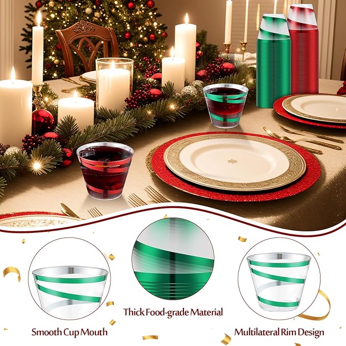 Gejoy 9 oz Rimmed Swirl Plastic Cups Disposable Wine Drinking Cups Clear Elegant Halloween Tumblers for Christmas Party Supplies(Red,Green,200 Pcs)