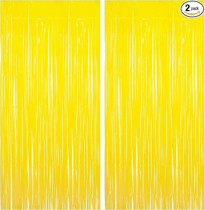 BRAVESHINE Foil Fringe Curtain Backdrop - 2 Pack Yellow Tinsel Photo Booth Backdrop Party Streamers for Easter, Birthdays, Christmas, Lemon, Pineapples, Kids' Party Decorations