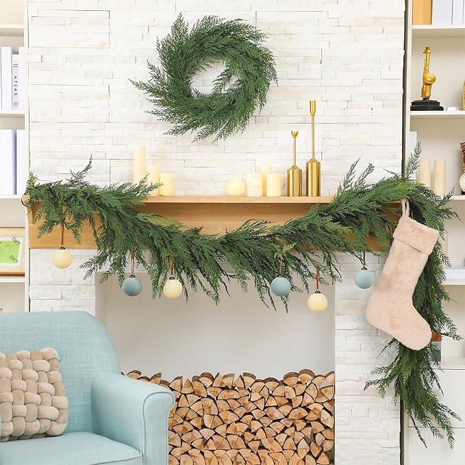 Jutom 1 PCS 9 ft Christmas Cedar Garland - Green Artificial Realistic Cedar Garland Faux Decoration for Table, Mantel, Wall Winter Holiday Party