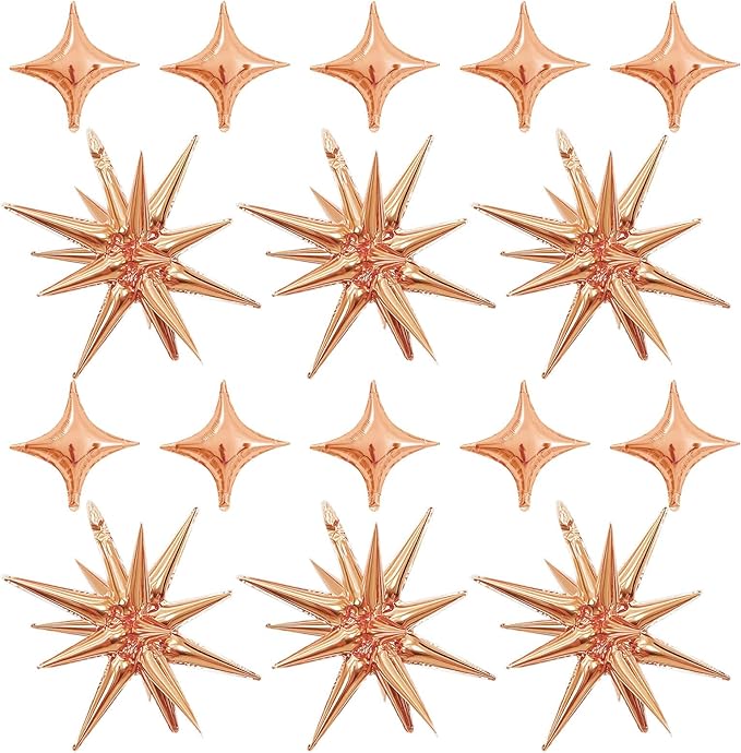 Rose Gold Star Balloons,Explosion Star Balloons Kit with 6Pcs 22Inch Cone Star Foil Balloons and 10Pcs 10Inch Four Pointed Star Balloons for Birthday Anniversary Disco Party Decorations
