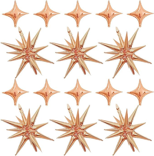 Rose Gold Star Balloons,Explosion Star Balloons Kit with 6Pcs 22Inch Cone Star Foil Balloons and 10Pcs 10Inch Four Pointed Star Balloons for Birthday Anniversary Disco Party Decorations