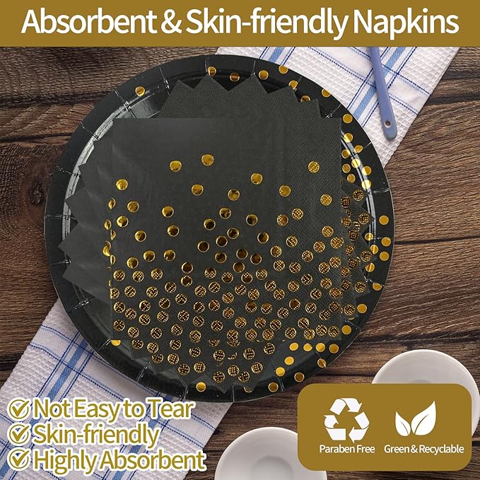 90PCS Black and Gold Paper Plates and Napkins Set, Disposable Gold Dot Party Plates with Napkins Forks Dessert Dinnerware Party Supplies for Wedding, Graduation, Festivals