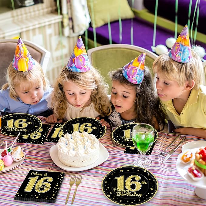 96 Pcs 16th Birthday Party Supplies for 24 Guests Cheers to 16 Years Tableware Table Decorations Black Gold 16th Birthday Plates Napkins Dinnerware for Boys Girls 16 Years Old Birthday Party Favor
