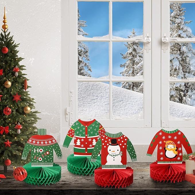 Christmas Ugly Sweater Party Decorations Honeycomb Centerpieces for Christmas Sweater Party 3D Table Topper Decorations Ugly Cutouts Merry Christmas Winter Holidays Supplies, 6 Styles