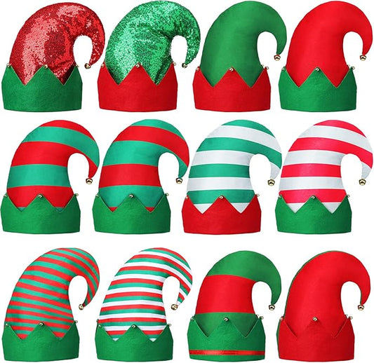 12 Pcs Christmas Elf Hat Colorful Funny Hats with Bell Holiday Party Accessories for Adults Santa Headdress for Party(Classic 1)