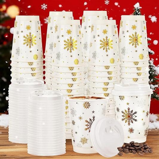 60 Pcs Christmas Coffee Cups with Lids 12oz Gold Foil Snowflake Paper Cups Insulated Cups for Xmas Hot Cocoa Beverage Winter Party Supplies Hot Chocolate Coffee Water Tea Xmas Holiday Supplie