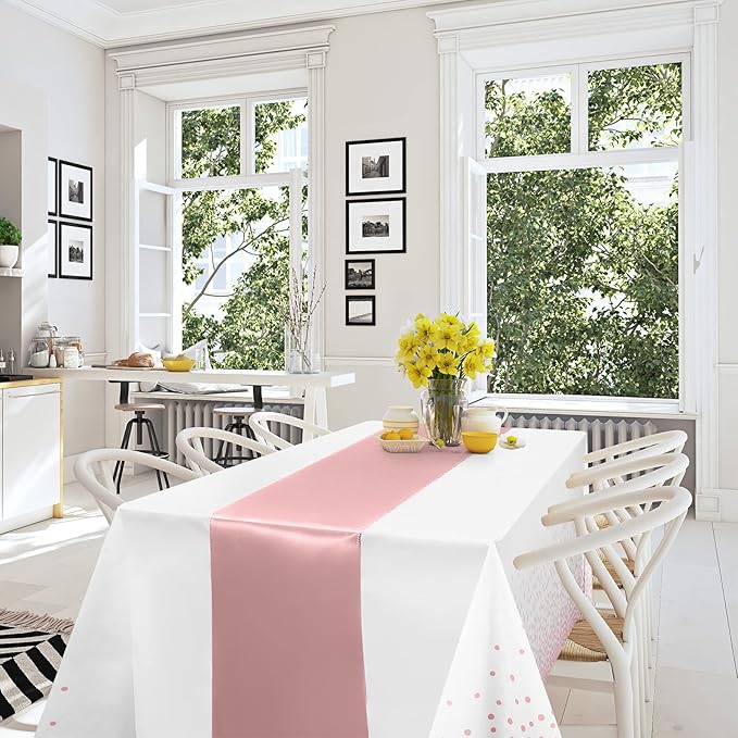 12 Pack Disposable Plastic Tablecloths and Satin Table Runner Set White and Rose Gold Dot Tablecloth Rose Gold Satin Table Runner for Wedding Birthday Baby Shower Anniversary Christmas New Year Party