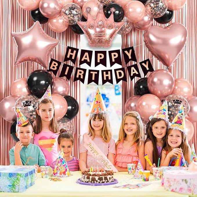Rose Gold Birthday Decorations - Black & Rose Gold Balloons, Happy Birthday Banner, Sash, Cake Topper, Fringe Curtain & Foil Balloons for Girls' Party Supplies