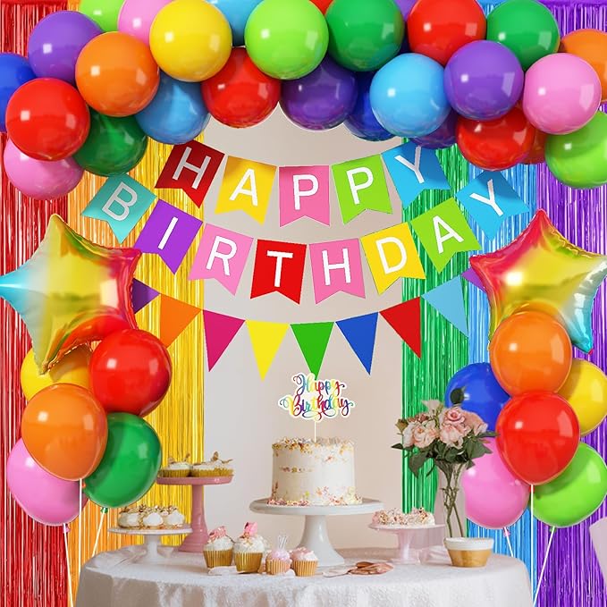 Rainbow Birthday Decorations for Kids, Colorful Party Decor Assorted Color Latex Foil Balloons Fringe Backdrop Happy Birthday Banner Cake Toppers for Boys Girls Carnival Circus Party Supplies