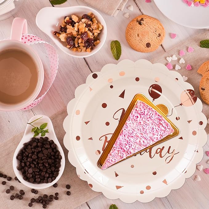 50PCS Happy Birthday Paper Plates and Napkins Set - 7 Inch Pink Rose Gold Birthday Cake Plates Scalloped Dessert Plate Disposable Tableware for Birthday's Party Supplies Decorations