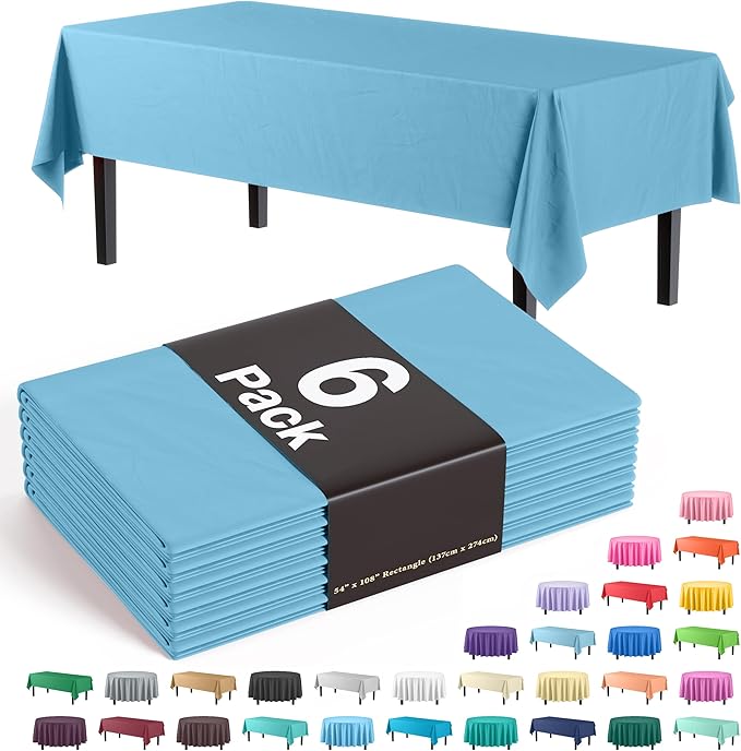 Party Solids 6-Pack Premium Plastic Tablecloth 54in. x 108in. Rectangle Plastic Table Cover - Sky Blue