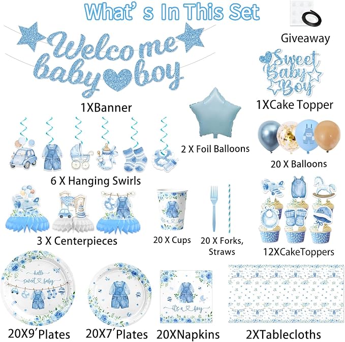 175PCS Blue boy Baby Shower Decorations Birthday Decorations Disposable Plates Napkins Set, Banner, Hanging Swirls, Tablecloth, Cake Topper, Balloon, Honeycomb Centerpieces Table Decorations