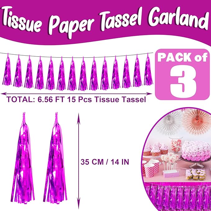 3P Fuchsia Foil Fringe Metallic Tassel Streamers Banner Tassel Garland for Parade Floats, Bachelorette, Wedding, Birthday, Halloween, Christmas, Bridal/Baby Shower Party Decorations