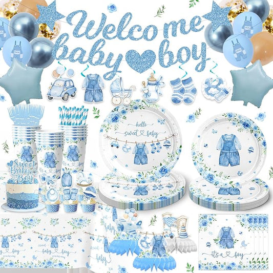 175PCS Blue boy Baby Shower Decorations Birthday Decorations Disposable Plates Napkins Set, Banner, Hanging Swirls, Tablecloth, Cake Topper, Balloon, Honeycomb Centerpieces Table Decorations