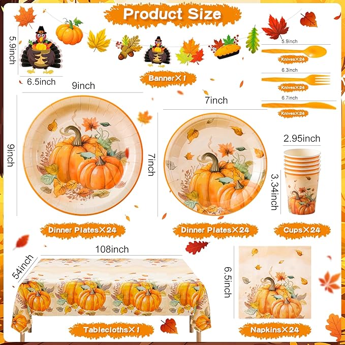 WinTS 170 pcs Thanksgiving Plates Set for 24 Guests,9" x 7" Thanksgiving Themed Party Disposable Dinnerware Set Thanksgiving Pumpkin Dinner Paper Plates for Harvest Autumn Holiday Fall Party