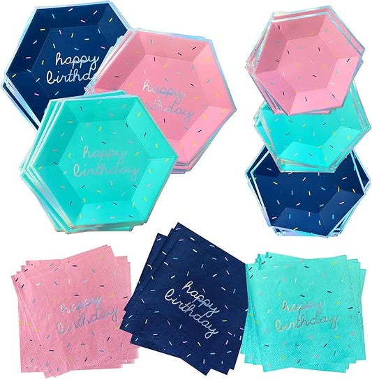 Harlow & Grey Sprinkles Party Plates and Napkins Set, 60-pc Bright Happy Birthday Kit, Multi- Color Pack w/ Pink, Teal, Navy Blue Disposable Paper Dinnerware Supplies for Kids, Adult Parties