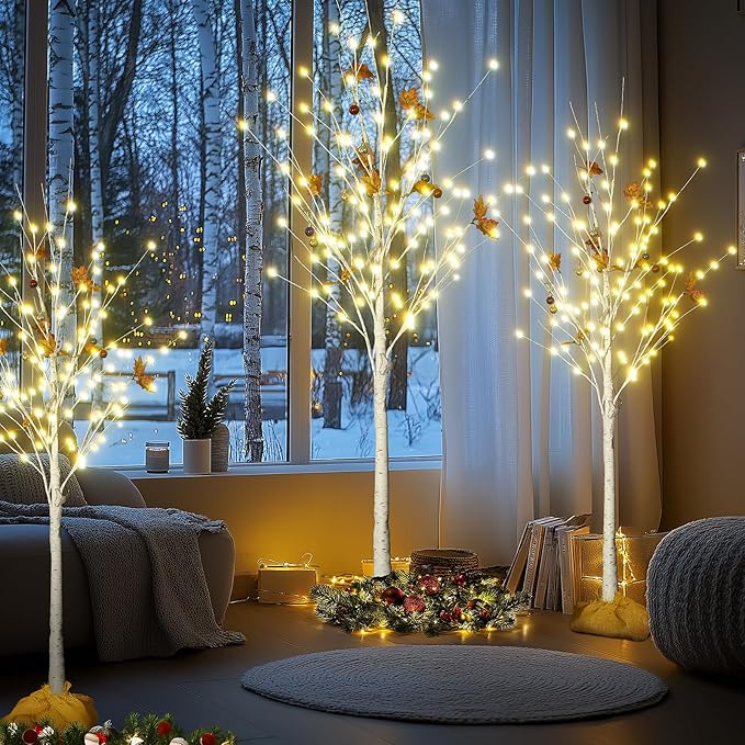 Lamerge Lighted Tree Set of 3,Christmas Tree 4Ft,5Ft and 6Ft with LED Lights, Halloween Decoration,Suit for Festival/Party,Wedding,Birthday,Indoor and Outdoor Use,Warm White (LBT3-WW)