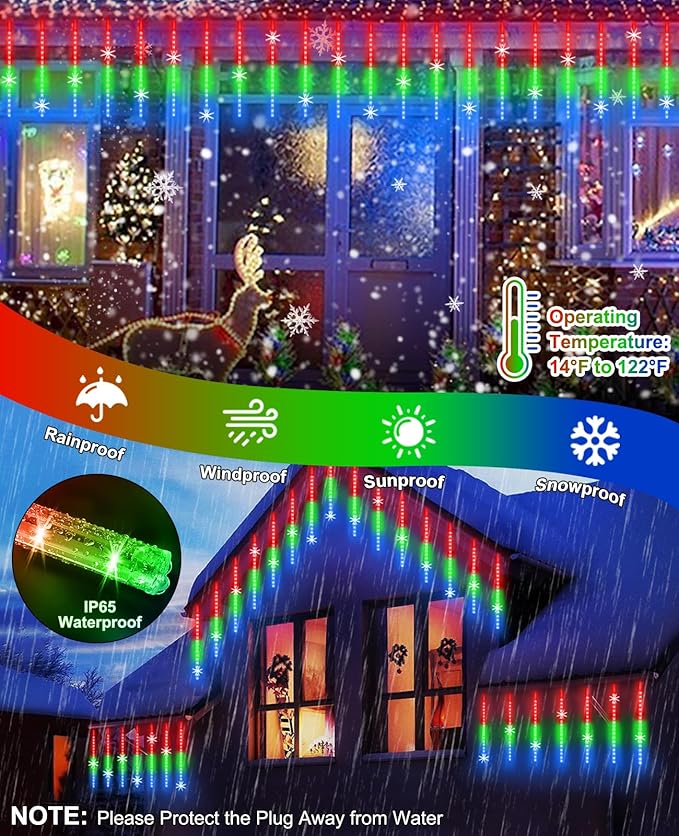 Christmas Lights Outdoor UL Certified Meteor Shower Light 16 Inch 20 Tubes 960 LED Falling Rain Drop Icicle Snow Cascading Lighting for Xmas Tree Wedding Party Garden Decoration, Colorful