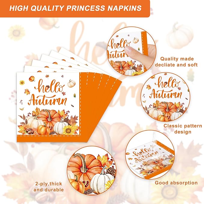 123PCS Autumn Party Supplies for Thanksgiving Themed Fall Pumpkin Decoration Tableware Set with Tablecloth and Banner Leaves Harvest Dessert Plates Napkins Cups Set for 20 Guests