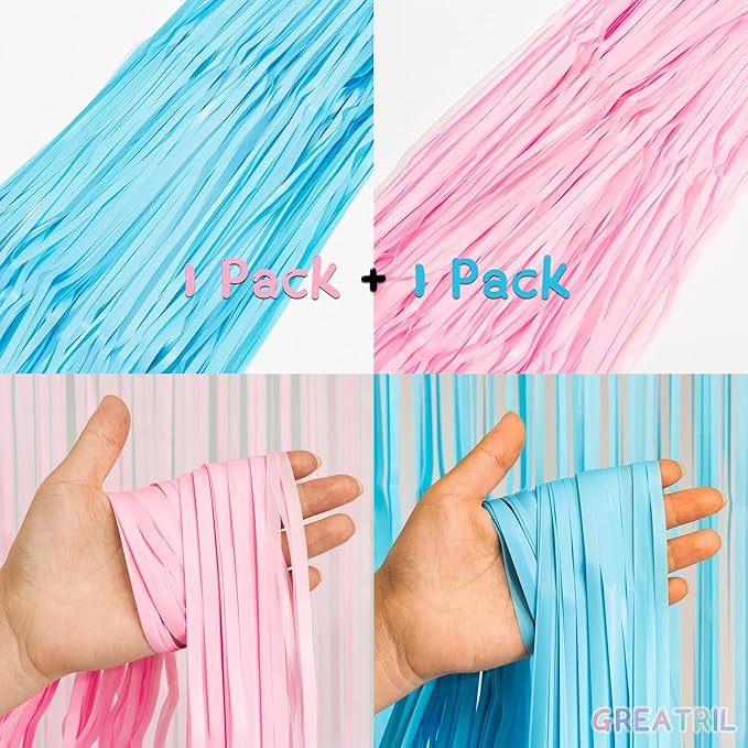 Pink and Blue Party Photo Backdrop - GREATRIL Foil Fringe Tinsel Streamers for Pastel/Easter/Birthdays Party Decorations - 3.2ft X 8.2ft - 2 Packs
