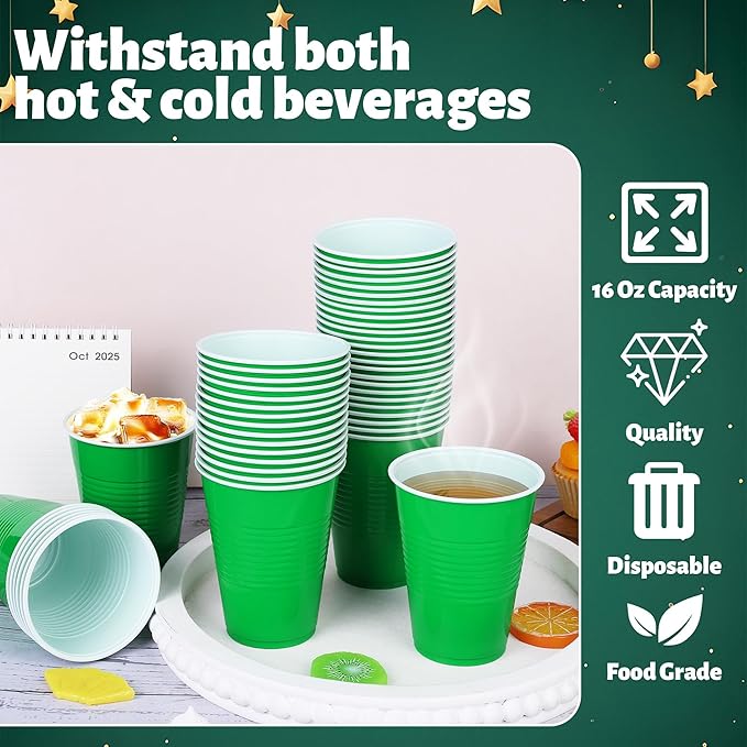 50 Pack 16 Ounce Disposable Plastic Cups Green Plastic Party Cups Heavy Duty Drinking Cup Bulk for Party Christmas Graduation Wedding Birthday Halloween Festival Supplies