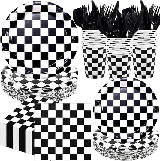 Pickmesh 400 Pcs Race Car Birthday Party Supplies Include Black White Checkered Disposable Paper Plates Napkins Cups Cutlery for Sport Race Car Birthday Party Decorations Serve 50