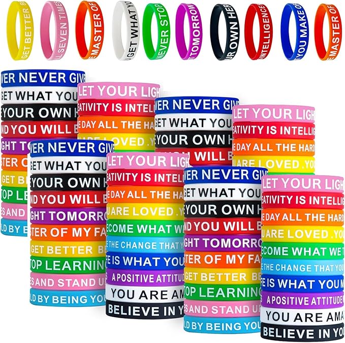 QEERBSIN Motivational Quote Bracelets- 100 Pcs Silicone Bracelets Bulk Inspirational Wristbands-Stretch Unisex Wristbands for Student Graduation Gift