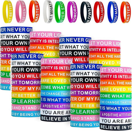 QEERBSIN Motivational Quote Bracelets- 100 Pcs Silicone Bracelets Bulk Inspirational Wristbands-Stretch Unisex Wristbands for Student Graduation Gift