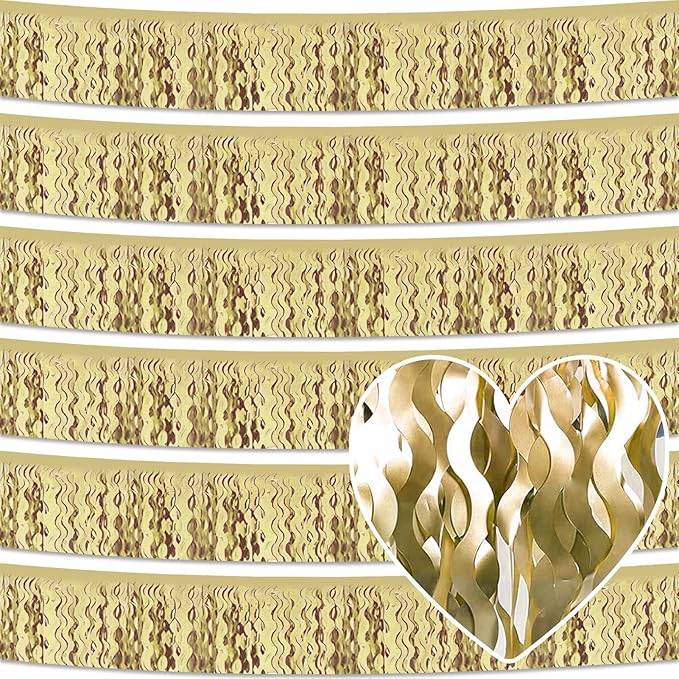 6 Pack 10 Feet Light Gold Wave Foil Fringe Garland Metallic Tinsel Streamers Banner Wall Hanging Curtain Backdrop for Parade Floats, Mother's Day, Easter, Wedding, Birthday Party Decoration