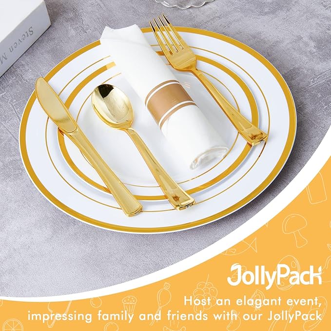 JollyPack 100 Piece Disposable Gold Plastic Party Plates, Including 50 10 Inch Dinner Plates and 50 7 Inch for Dessert, Great for Parties, Weddings, Home Use, and Thanksgiving