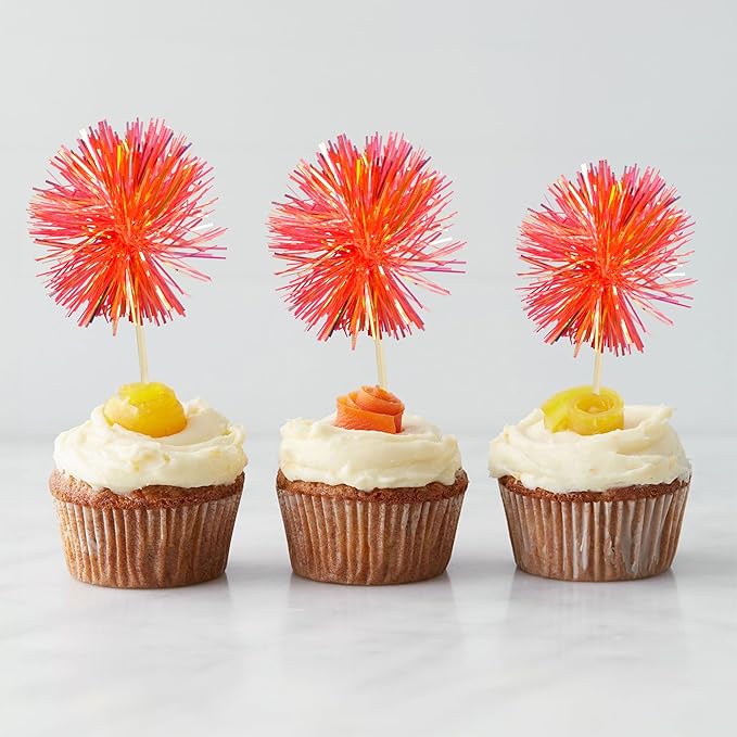 Gyufise 30Pcs Foil Firework Cupcake Toppers Sparkle Tinsel Cake Toppers Tinsel Drink Cake Decoration Cocktail Picks for Birthday Wedding Graduation Party Supplies Dark Orange